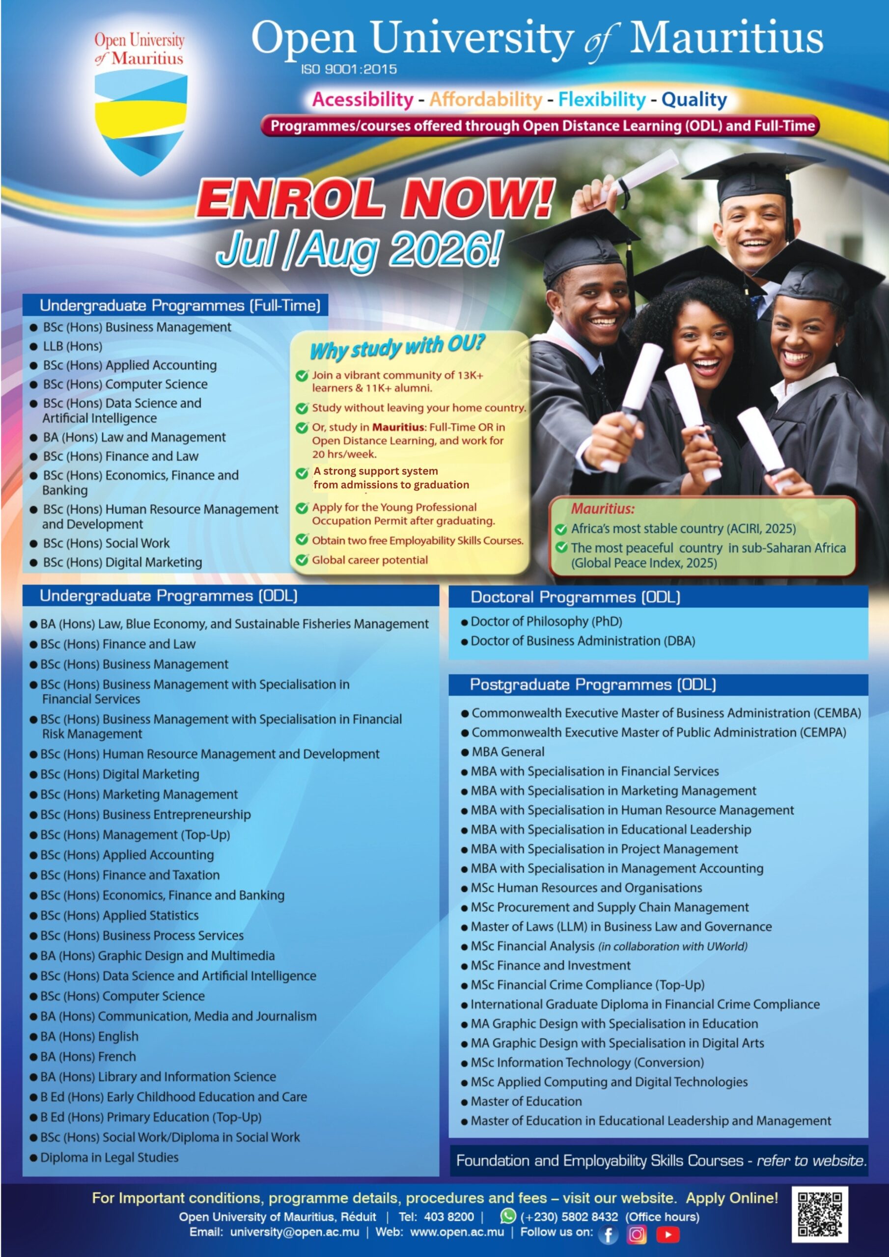 Open University Mauritius poster advertising enrolment for 2026 with lists of undergraduate, doctoral and postgraduate programs and graduates in caps on the right side.