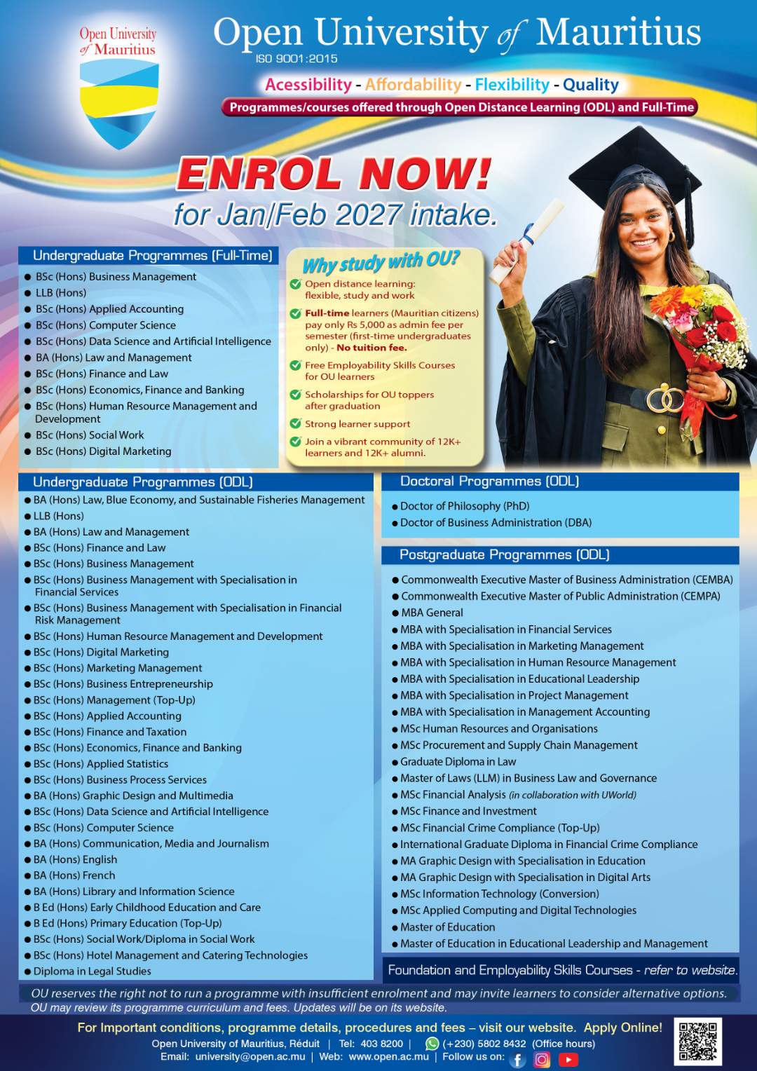 Promotional poster for Open University of Mauritius promoting enrolment for Jan/Feb 2027 intake, showing a graduate in a cap and gown on the right.