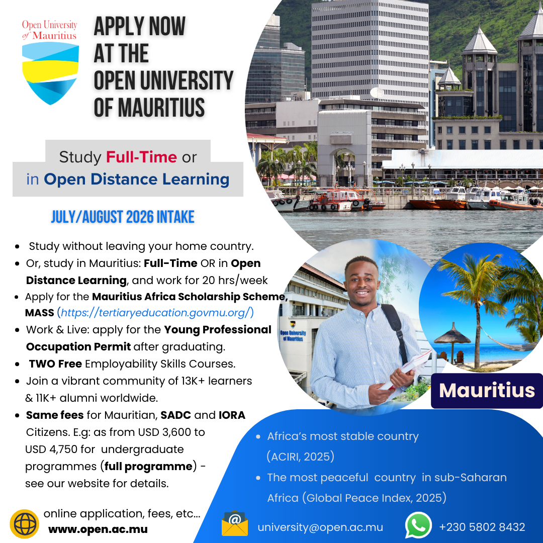 Open University of Mauritius recruitment poster with bold text 'Apply Now at Open University of Mauritius' and circular campus photos on the right, Mauritius shield logo on the left, inviting study options and intake info.