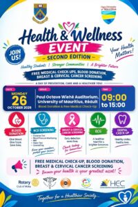 Health & Wellness Event poster announcing the second edition with date, venue, and free health screenings clearly listed (blood donation, screenings).