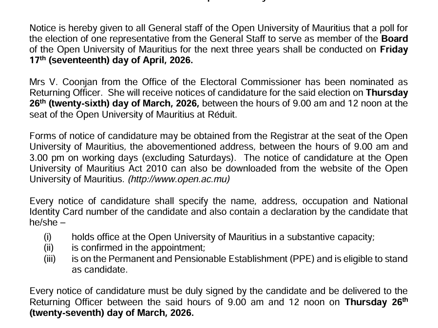 Notice of Election for Representative of General Staff on OU Board