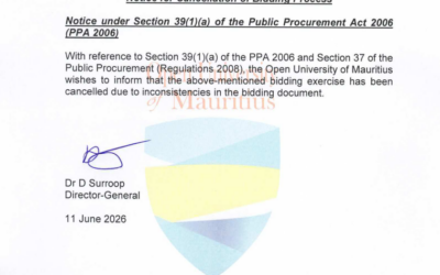 Cancellation of Bidding Process – OU.OAB.2.25-26 – Provision of Medical Insurance Scheme to the Open University of Mauritius