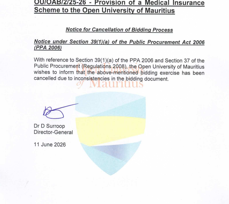 Cancellation of Bidding Process – OU.OAB.2.25-26 – Provision of Medical Insurance Scheme to the Open University of Mauritius